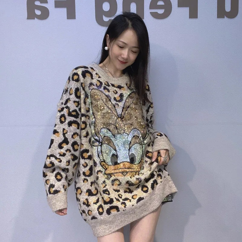 Heavy Industry Rhinestone Mid-length Sweater Coat Winter Leopard Print Thickened Knitted Top Jacket Long-sleeves O-neck Jumpers