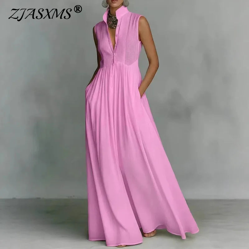 Bohemian Stand Collar Button Maxi Shirt Dress for Women