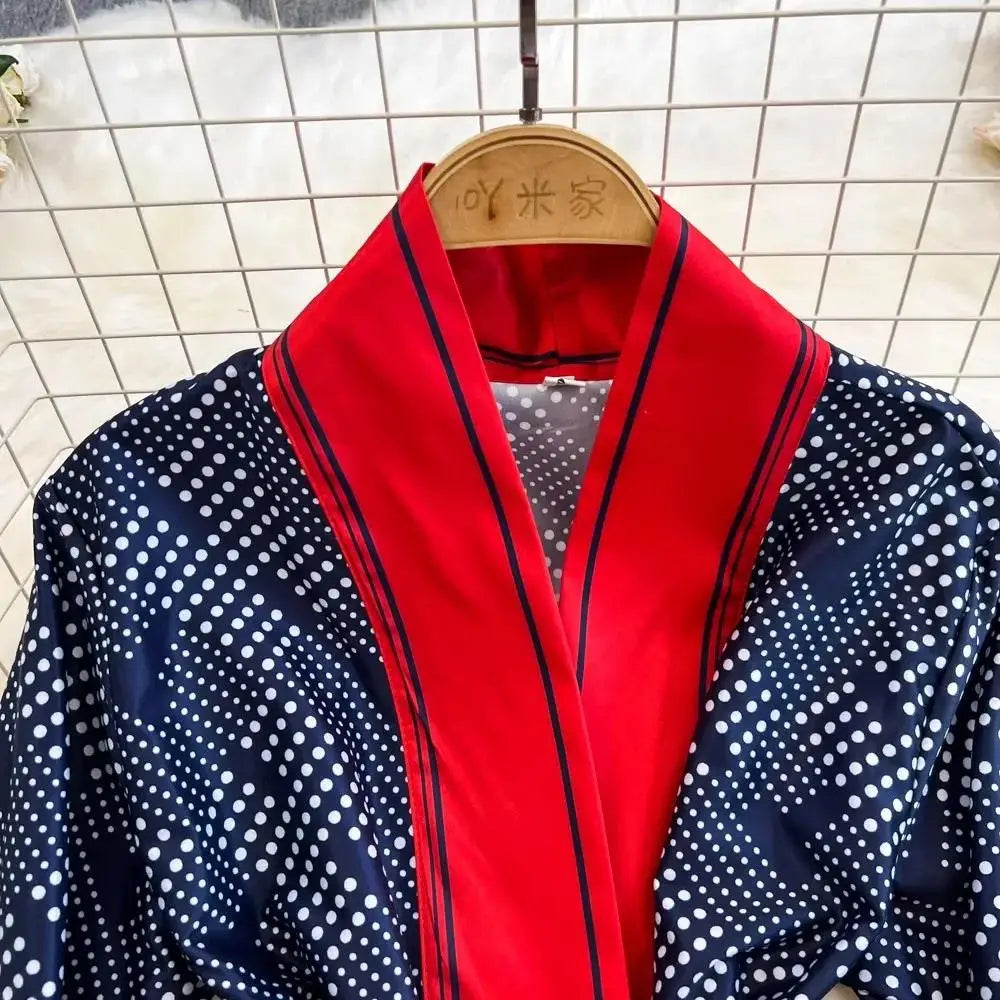 Women Contrast Dot Print V-Neck Loose Lace Up Top+Elastic Waist Wide Leg Pant Suit Autumn Fashion Kimono Cardigan Two Piece Set