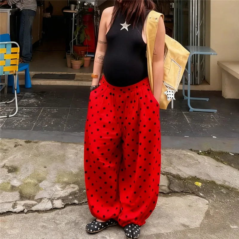 Retro Polka Dot Wide Leg Casual Trousers for Women