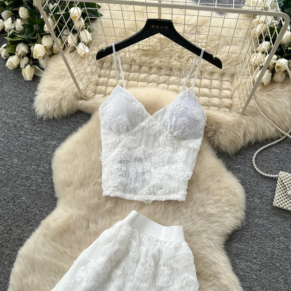 3D Floral Lace Camisole and Pleated Skirt Set for Women