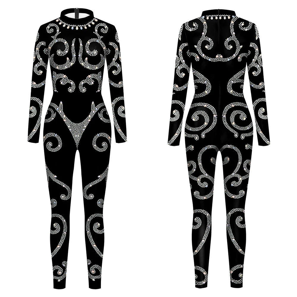 Elegant Skin Color Rhinestone Print Jumpsuit for Women
