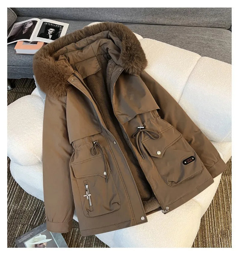 Korean Style Quilted Hooded Coat With Fur Collar For Women