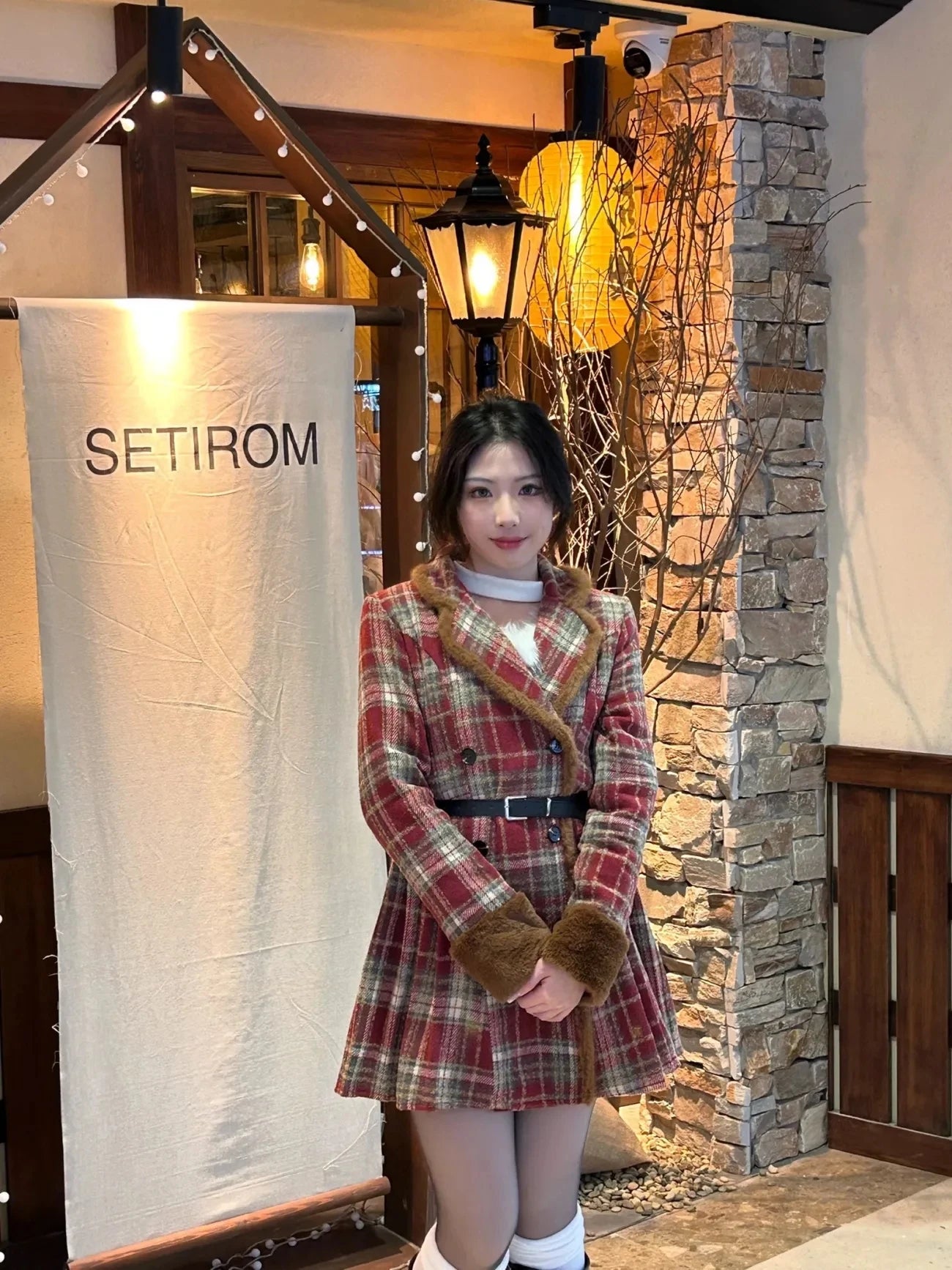 Women's Double Breasted Plaid Coat, Woolen Jacket , V-Neck, Loose Tops, Female Clothes, Sweet, New, Autumn, Winter