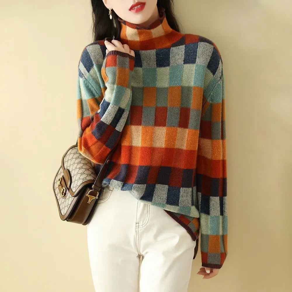 Cozy Thick Knit Turtleneck Sweater With Plaid Pattern For Women