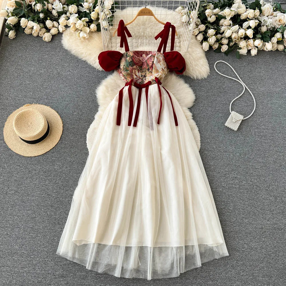 Embroidered Retro Print Lace-Up Mesh Midi Dress for Women