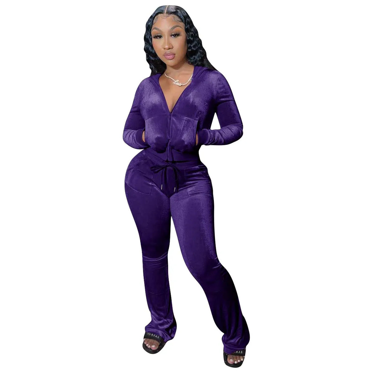 Hooded Zip Top And High Waist Pants Outfit Set for Women