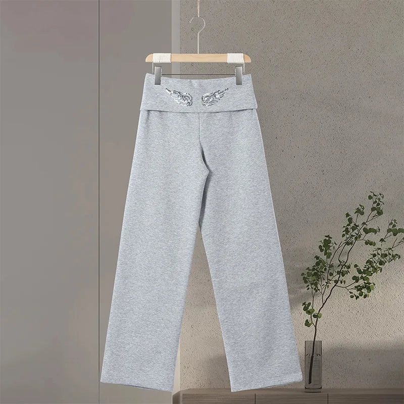 Sequin Wing Design Hooded Sweatshirt Pants Set For Women