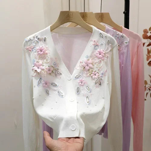 French Exquisite Embroidered Flowers V-neck Short Knitted Top Women Summer Fashion Retro Artistic Thin Sun Protection Cardigan