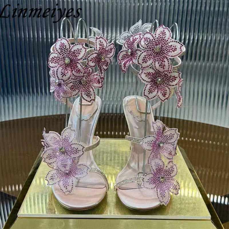 Rhinestone Flower Embellished Wedding High Heel Sandals for Women