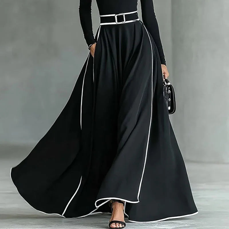 Spring Turtlenck High Waist A-Line Long Dress Woman Elegant Contrast Swing Party Dress Autumn Long Sleeve Pocket Boho Maxi Dress