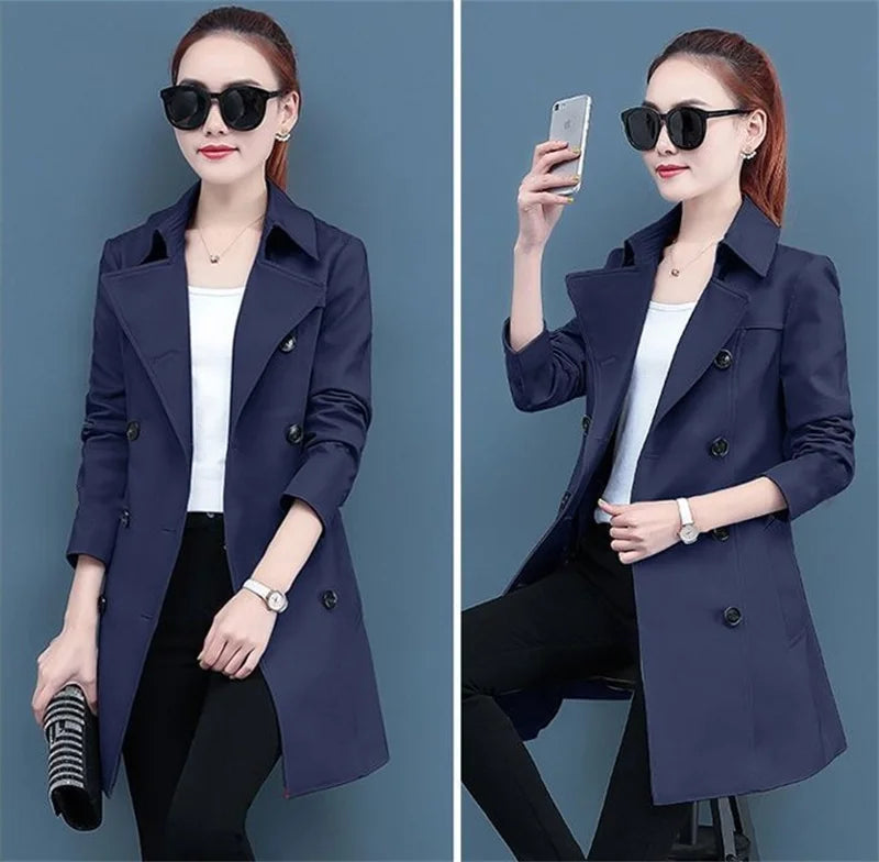 2025 New Trench Coat Midi Length Fashion Korean Elegant Khaki Black Loose Women's Windbreaker Coat Casual Double Breasted Tops