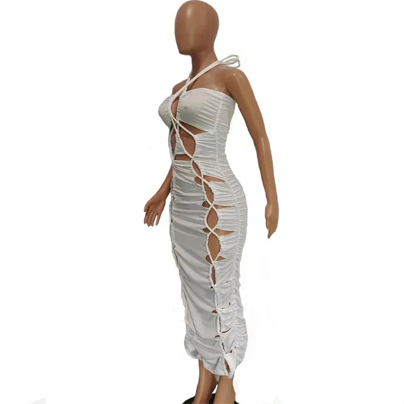 Solid Lace Up Caged Halter Backless Zipper Ruched Midi Dress for Women