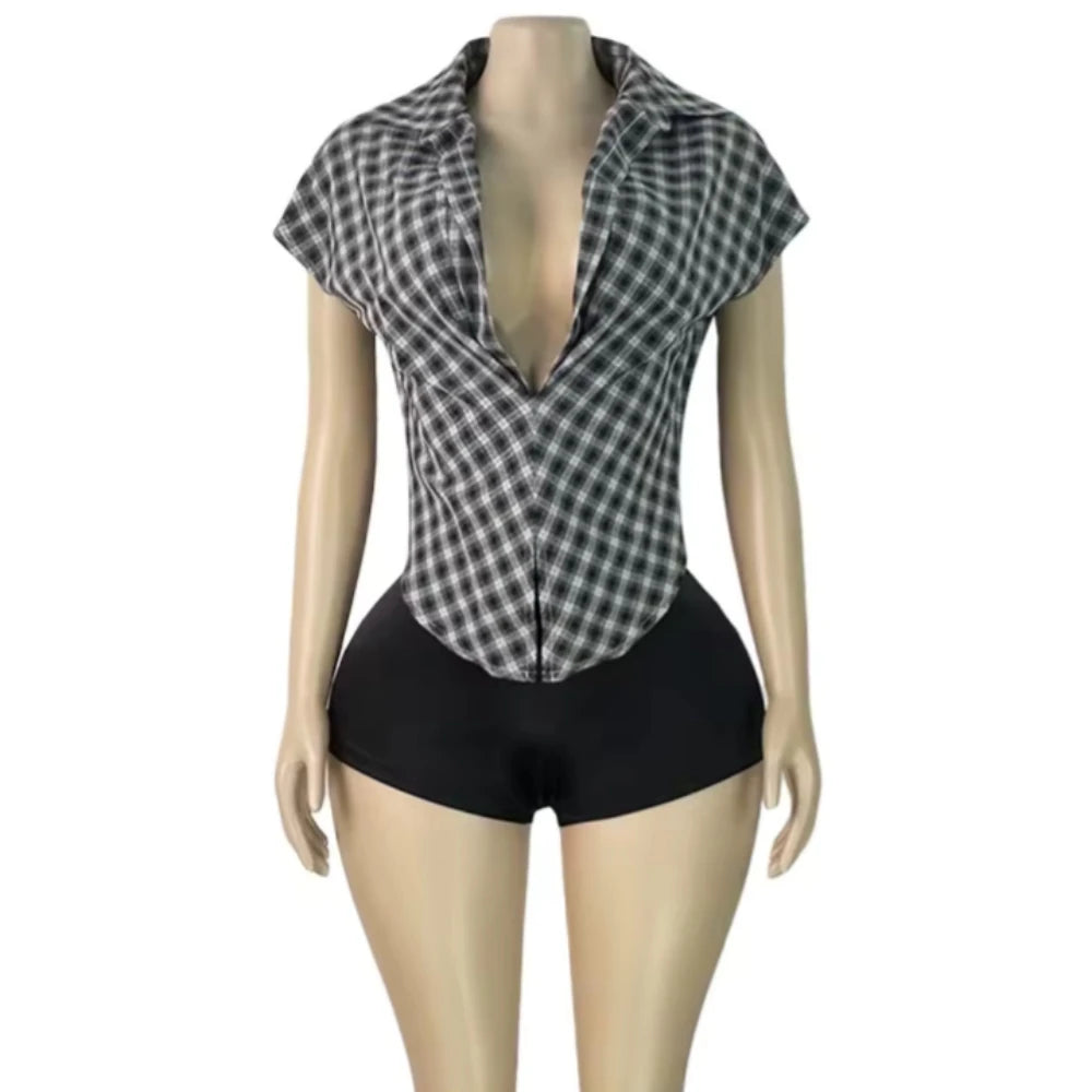 Plaid Print Deep V Neck Sleeveless Hollow Two Piece Set for Women