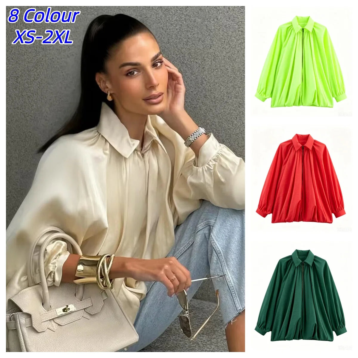 Ruffled Oversized Long Sleeve Bomber Jacket for Women