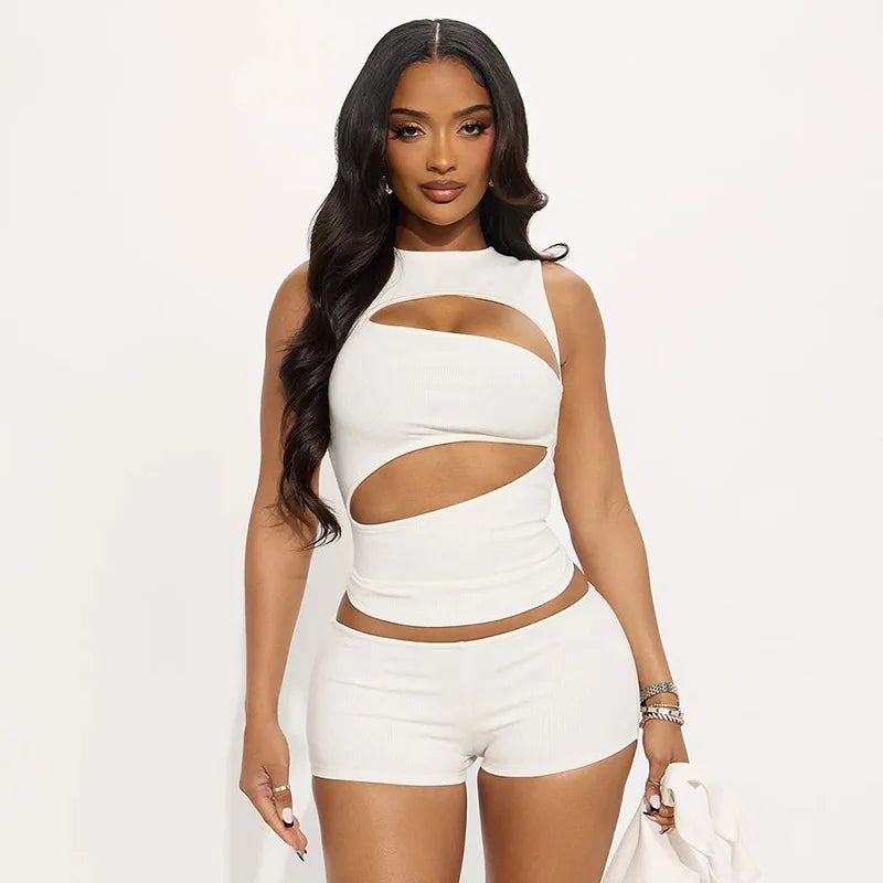 Hollow-Out Patchwork Crop Top and Shorts Set for Women