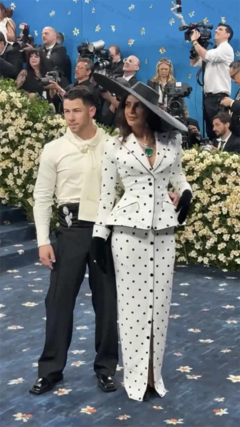 Classic White Polka Dot Two Piece Blazer Skirt Set For Women