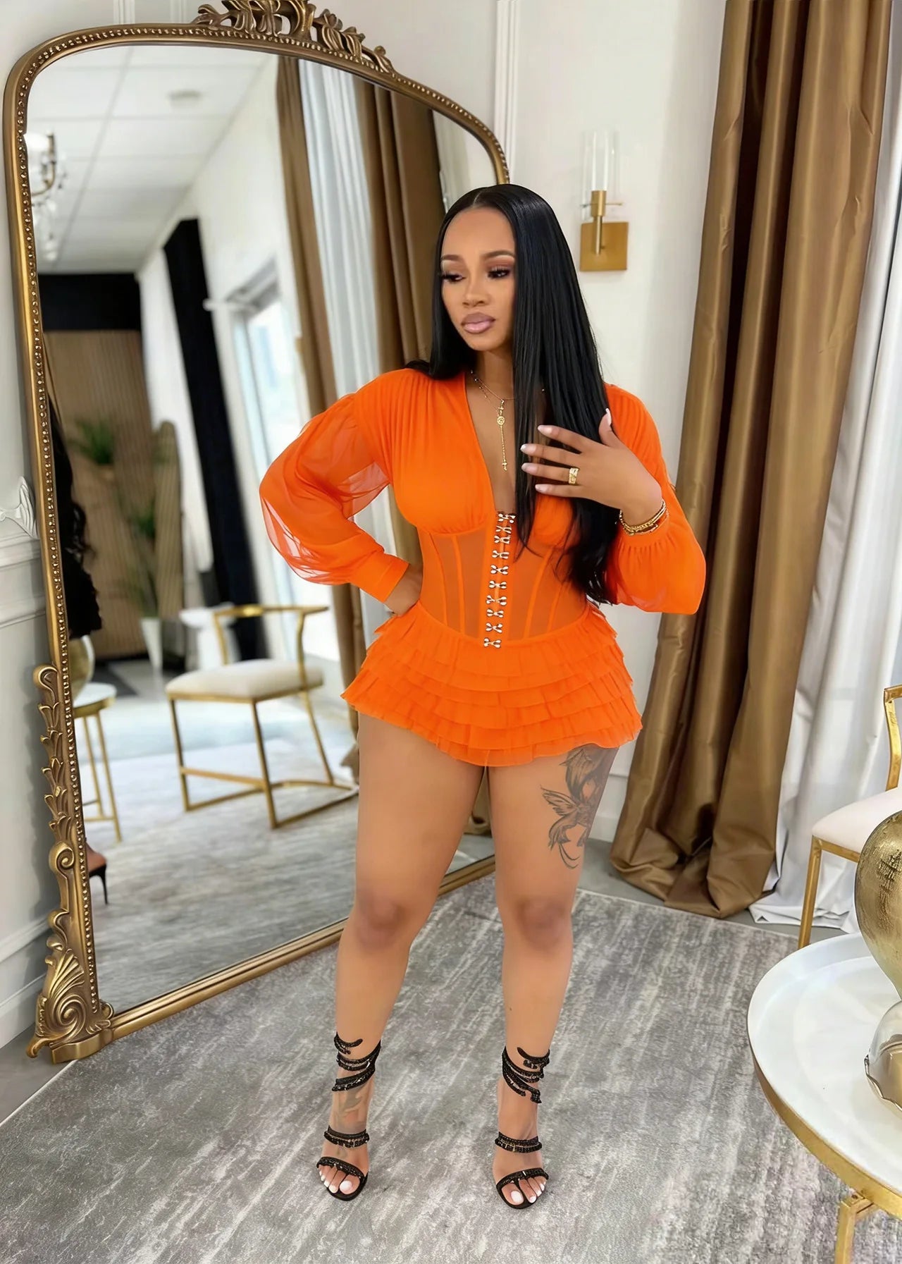 Mesh Ruched Patchwork See Through Long Sleeve Bodycon Rompers for Women