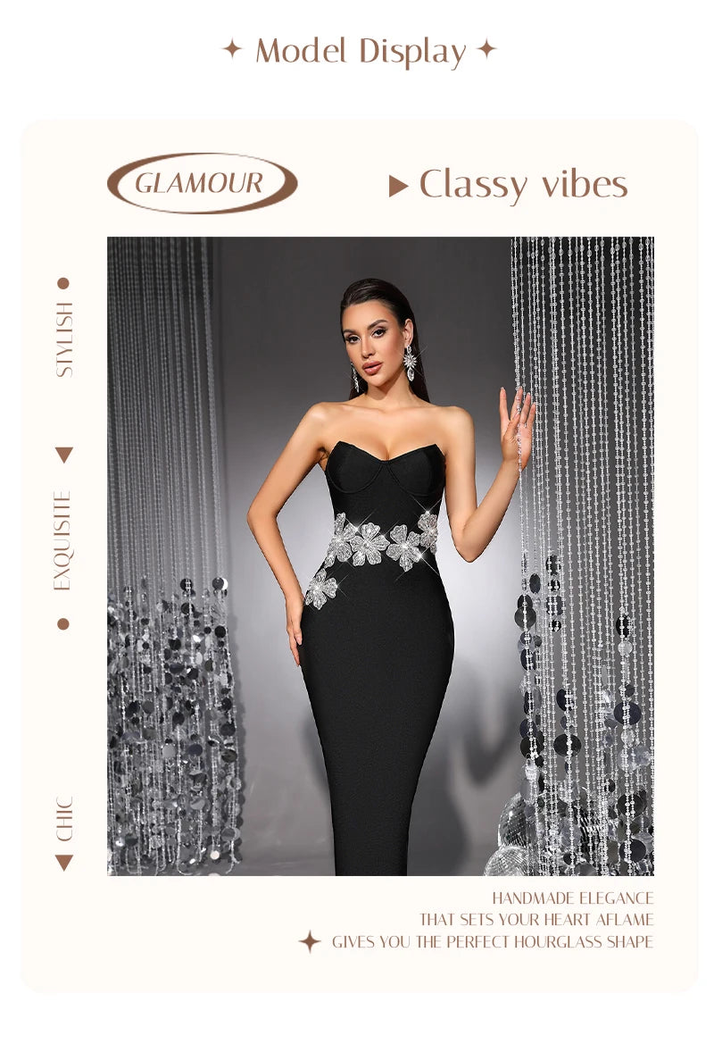 Strapless Crystal Flower Embellished Bodycon Maxi Dress for Women