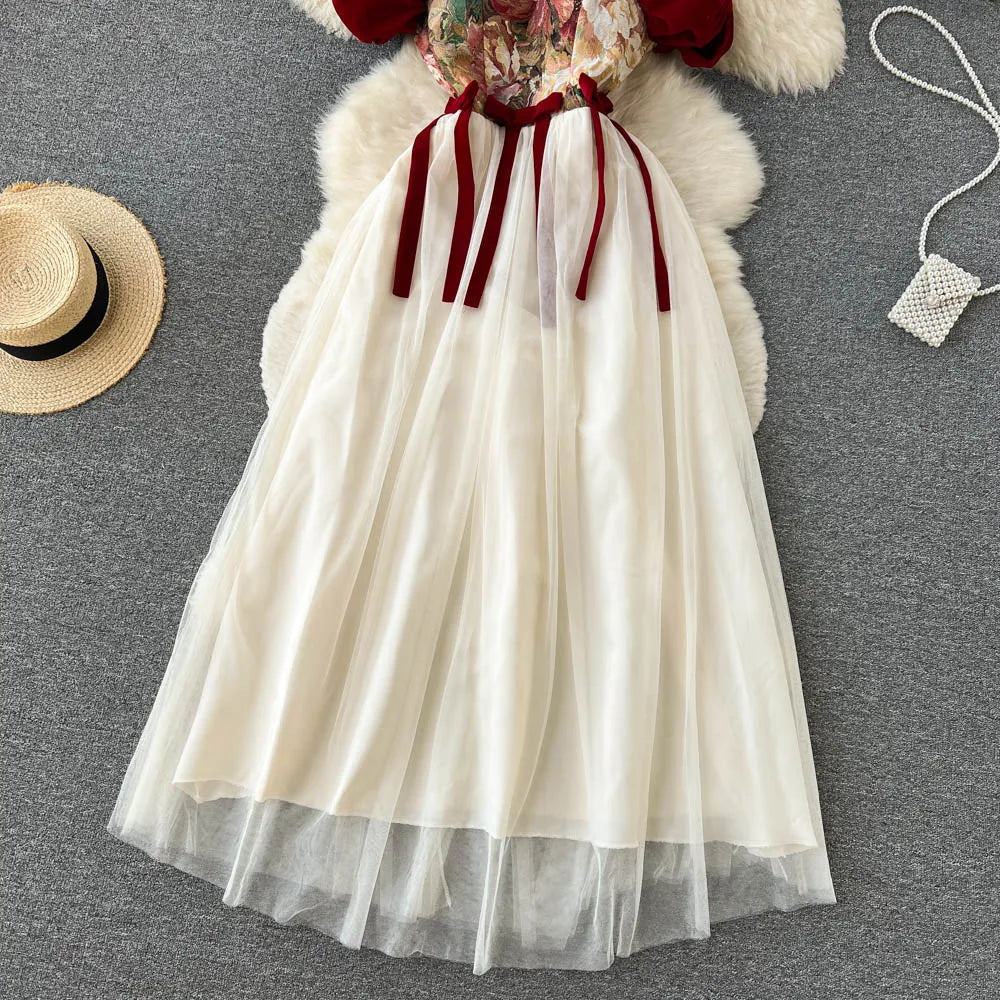 Embroidered Retro Print Lace-Up Mesh Midi Dress for Women