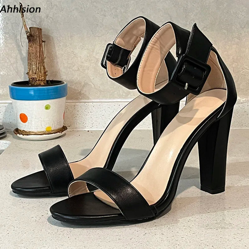 Black Chunky Square Heels Buckle Strap Platform Sandals for Women