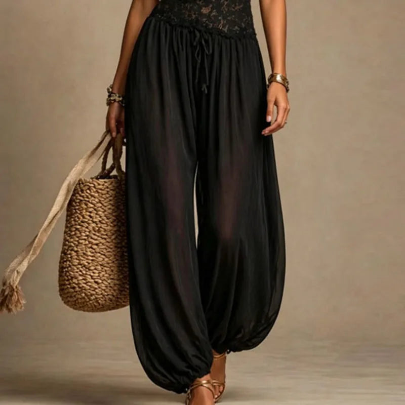 Sheer Lace Halter Neck Loose Fit Jumpsuit for Women
