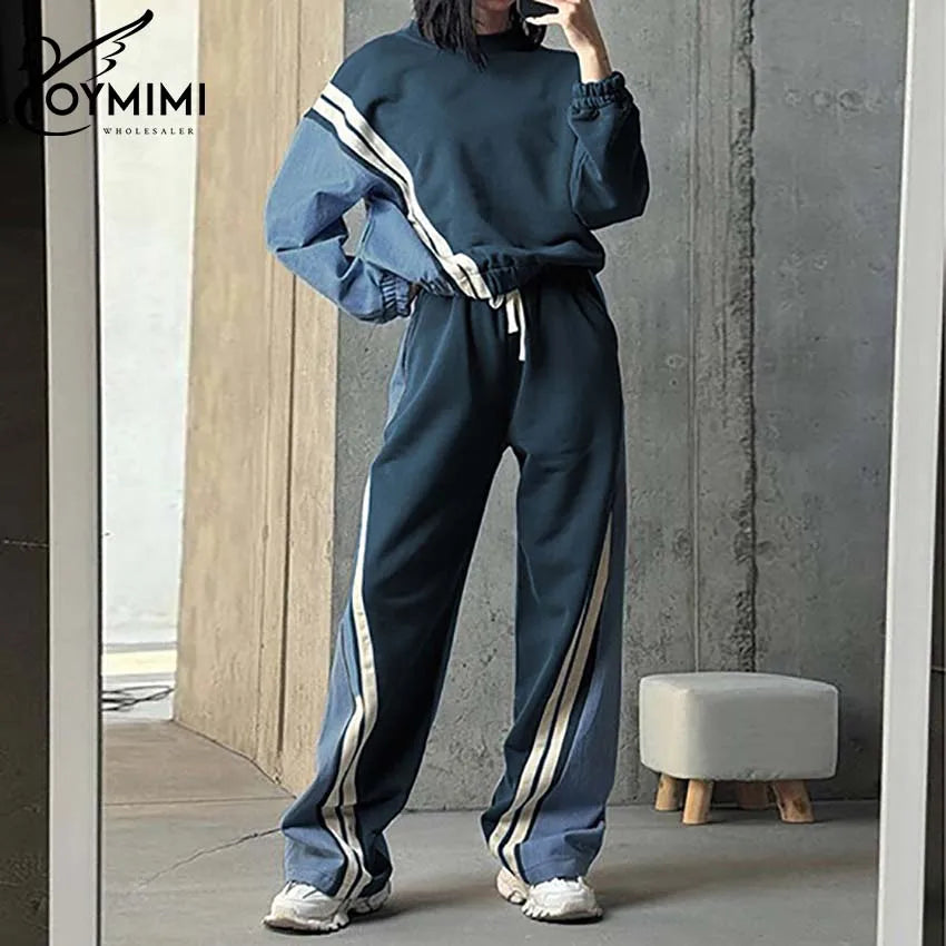 Oymimi Casual Blue Patchwork Sets For Women 2 Pieces O-Neck Long Sleeve Blouse And Drawstring Straight Sweatpants Set Streetwear