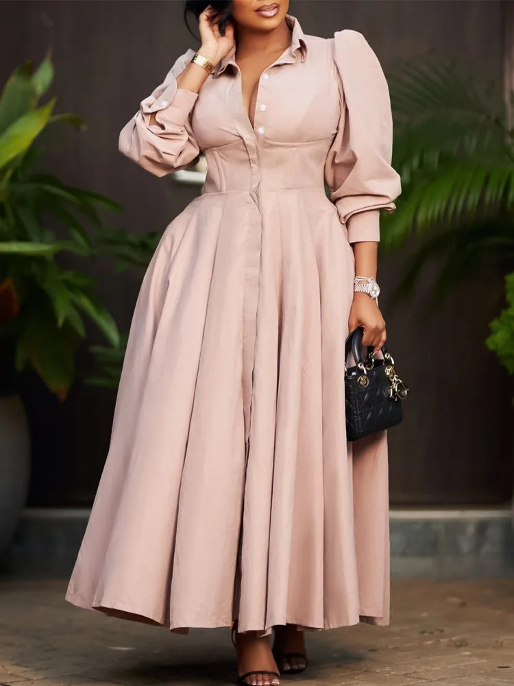 Plus Size V-Neck Long Sleeve Ankle-Length Dress for Women