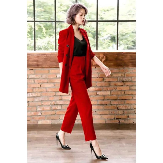 Fashion Chic Red Women's Suits Notch Lapel 2 Pieces Jacket Pants Female Clothing Slim Fit Office Banquet Lady's Blazers Sets
