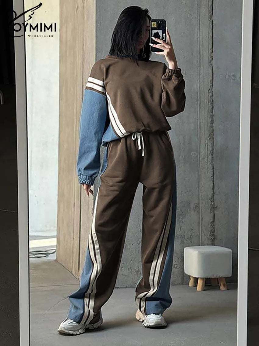 Oymimi Casual Blue Patchwork Sets For Women 2 Pieces O-Neck Long Sleeve Blouse And Drawstring Straight Sweatpants Set Streetwear