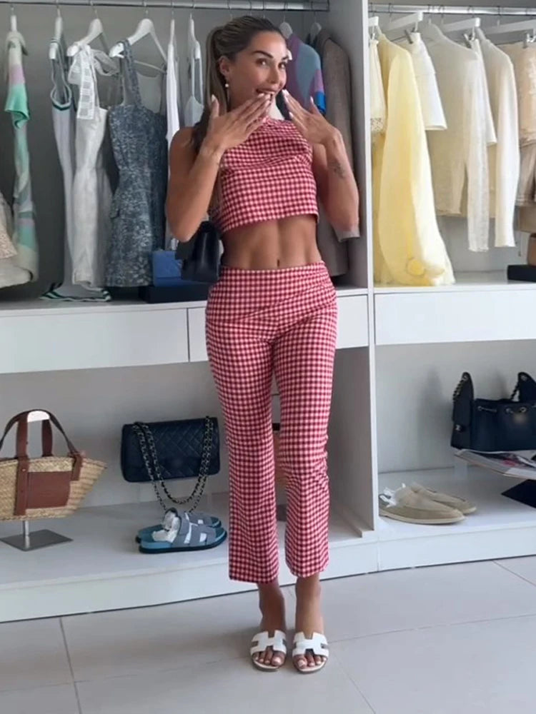 Casual Plaid Vest And Pleated Pants Set Beachwear for Women
