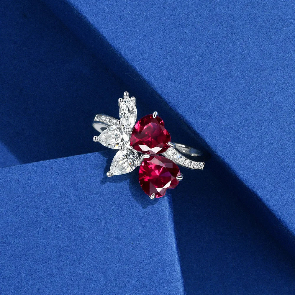PANSYSEN Vintage 100% 925 Sterling Silver 7*7MM Heart Cut Ruby Diamond Rings for Women Wedding Engagement Fine Jewelry Ring Gift