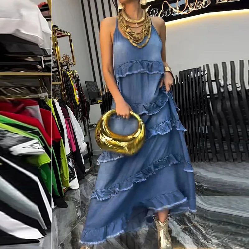 Solid Color V-Neck A-Line Ankle Length Dress for Women