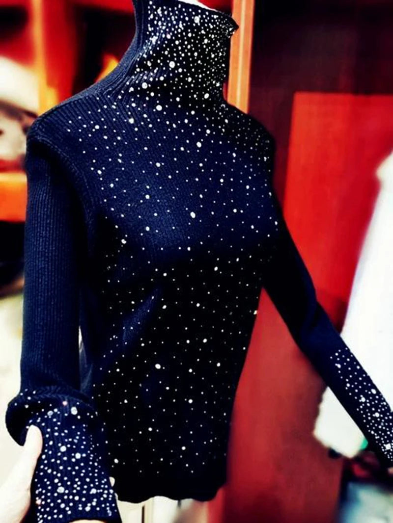 Luxury Style Sparking Diamonds Black Turtleneck Sweater for Women Autumn/Winter Knitwear Bottoming Pullovers Femme
