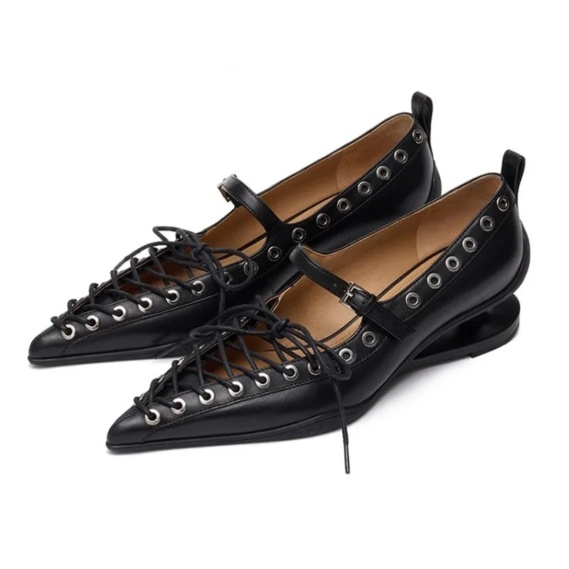 Retro Pointed Toe Lace-Up Rivet Detail Pumps for Women