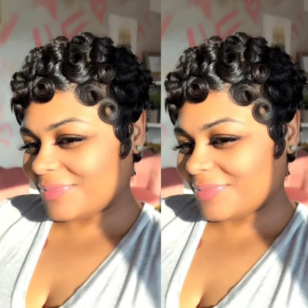 Short Curly Layered Pixie Cut Human Hair Wig for Women