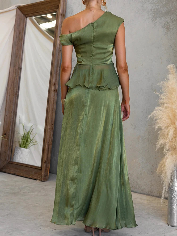 Asymmetrical Collar Top and Maxi Skirt Set for Women