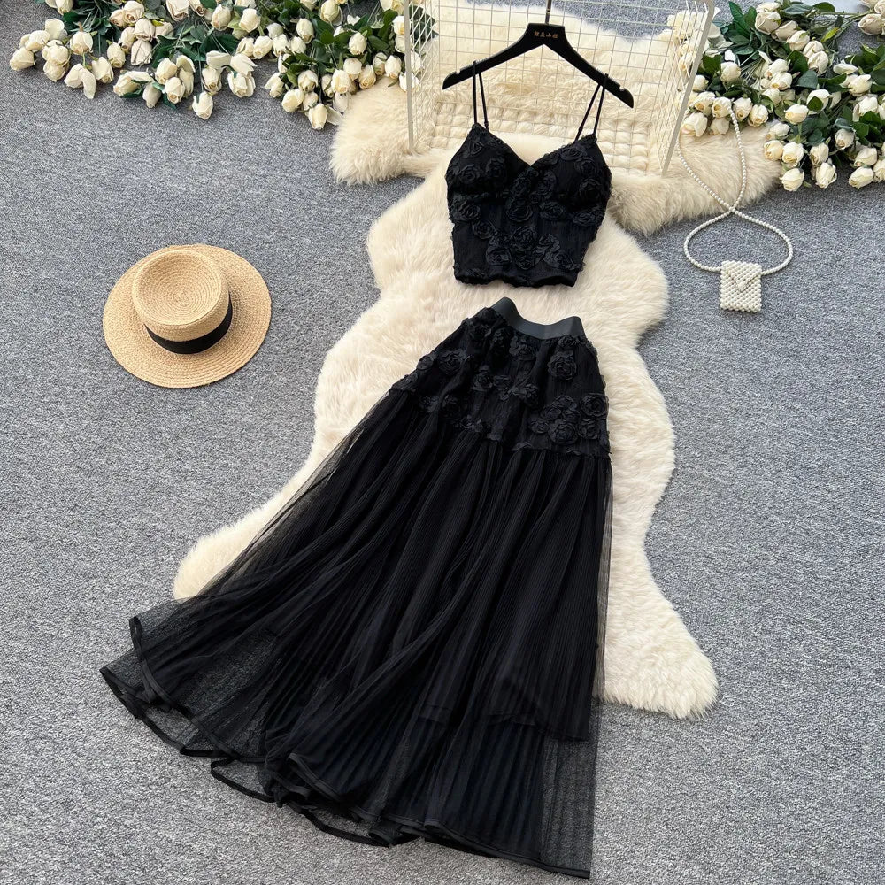 3D Floral Lace Camisole and Pleated Skirt Set for Women