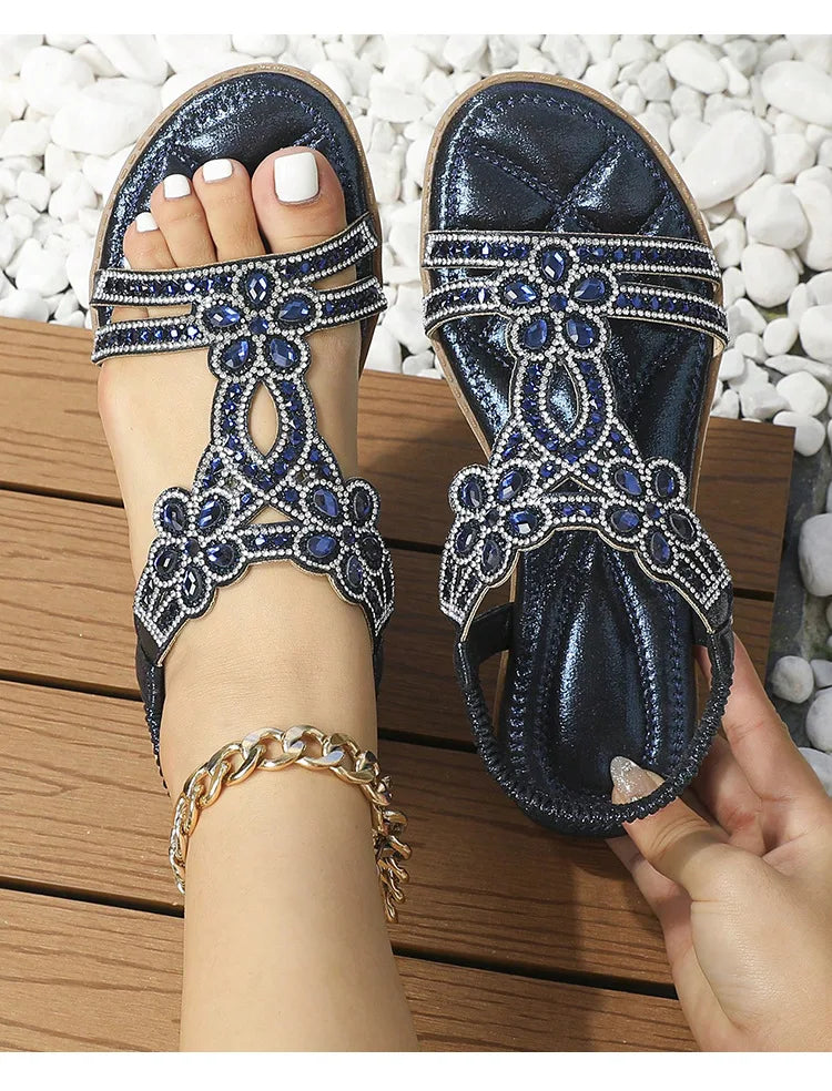 Bohemian Rhinestone Openwork Flat Sandals For Women
