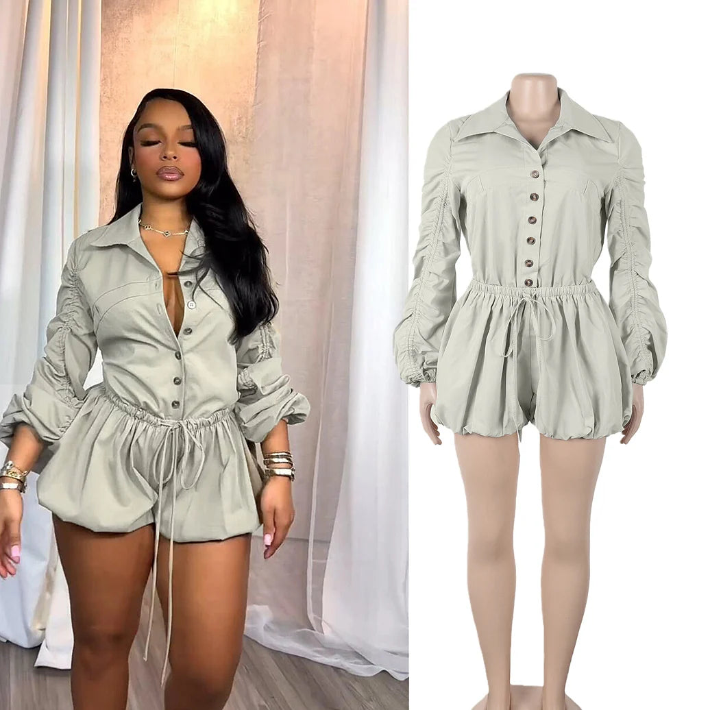 Elegant Ruched Drawstring Lantern Sleeve Romper for Women