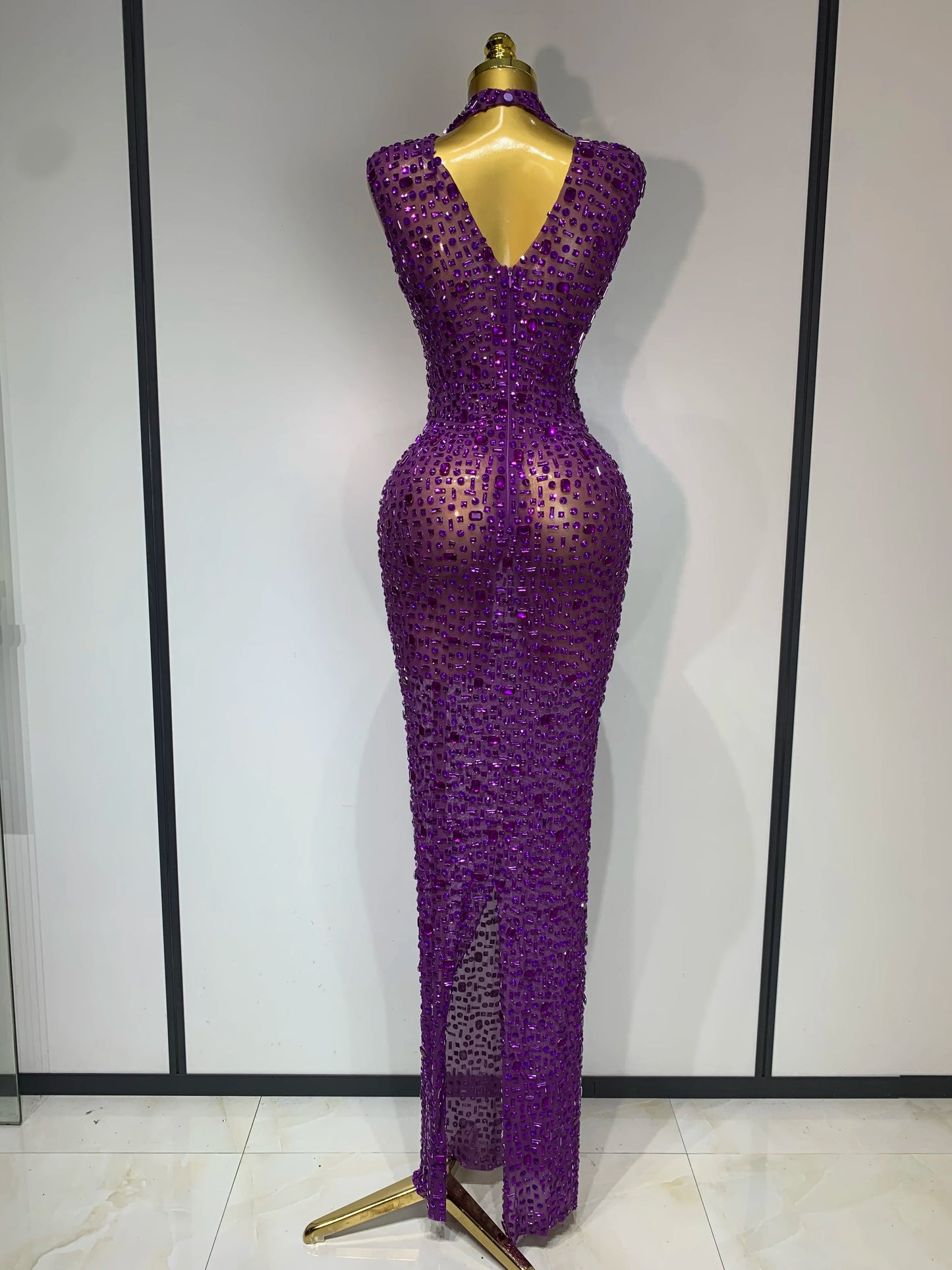 Sparkly Gold Rhinestone Sleeveless Stretch Long Dress Women Sexy Mesh Celebrate Evening Prom Birthday Dress Photo Shoot Wear