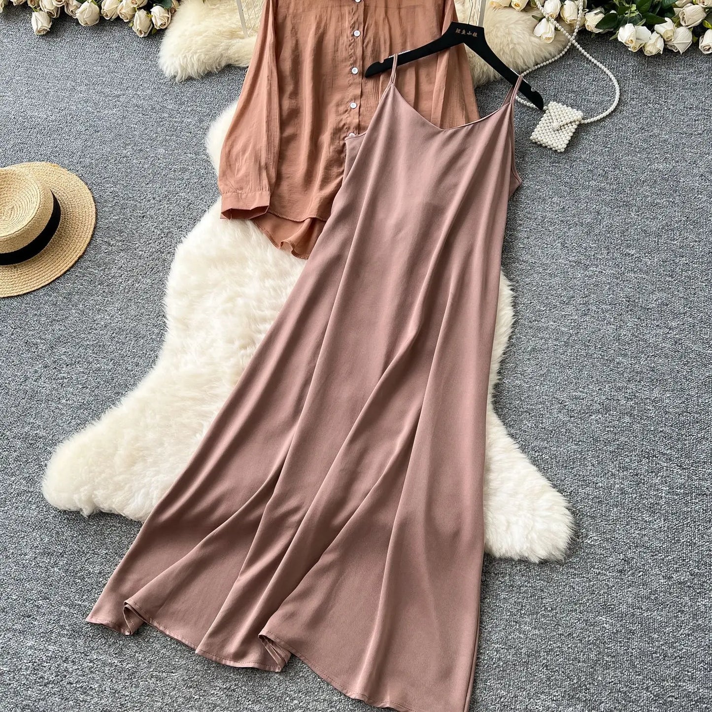 Elegant Long Sleeve Turn Down Collar Solid Color Two Piece Set for Women