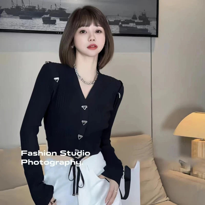 Regular Fit V Neck Long Sleeve Knit Cardigan For Women