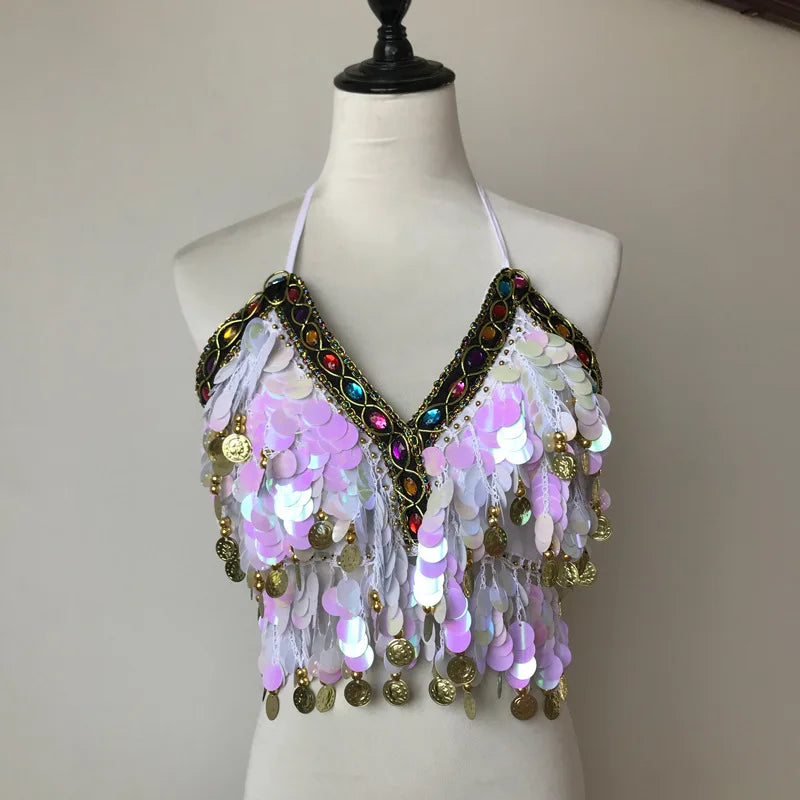 Shiny Colored Sequin Diamond Halter Crop Top for Women
