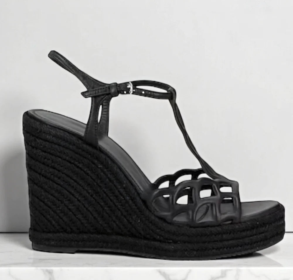 Leather Cutout T Strap Wedge Sandals