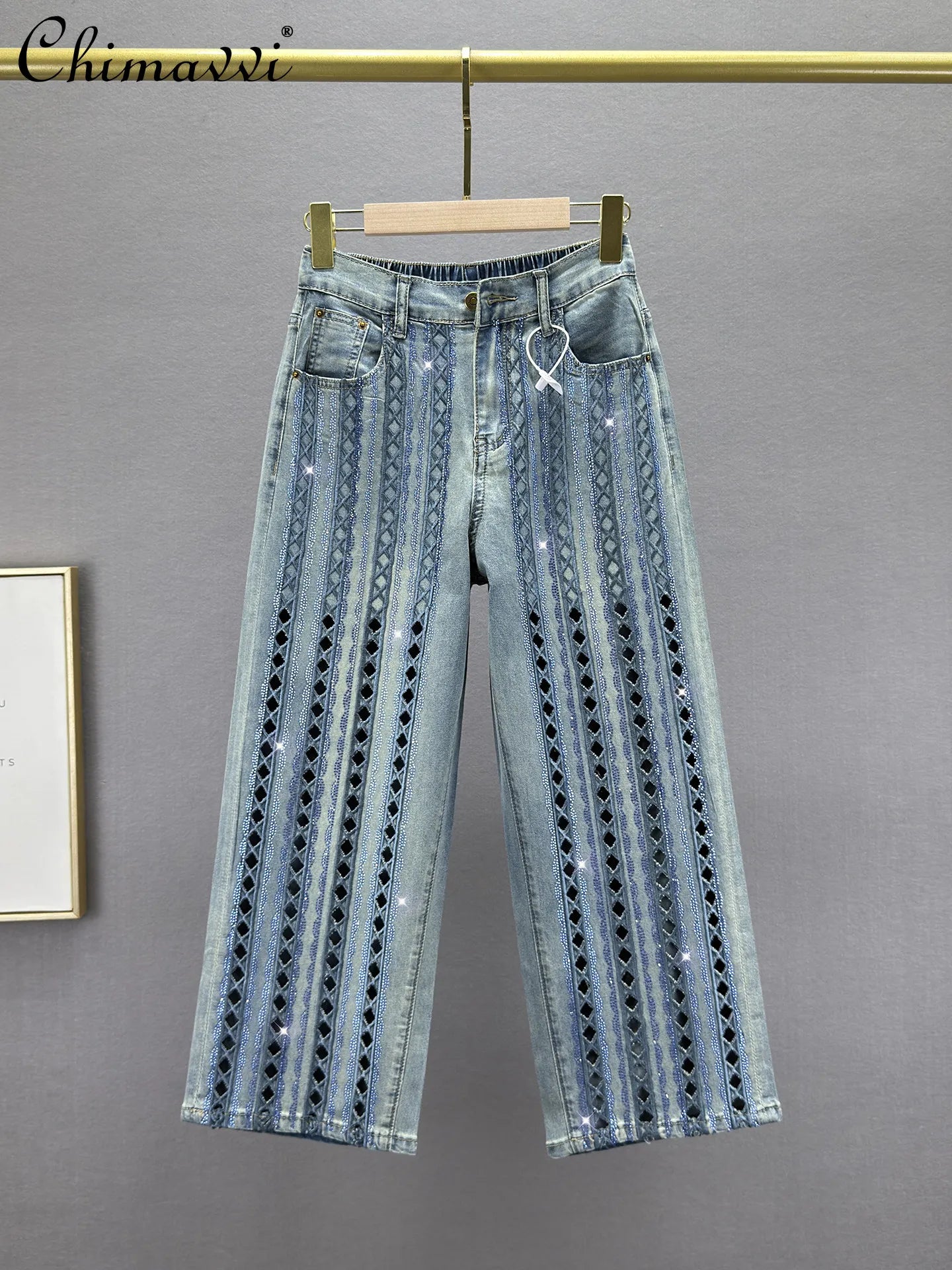 Heavy Cut Out Hot Diamond Jeans Women's Cropped Pants Summer New Fashion Thin High Waist Loose Slimming Straight-leg Pants