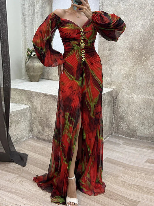 Women Folds Loungewear Holiday Dress, Spring Autumn Long Sleeve Sexy Zipper Maxi Dress, Print Fashion Elegant Ladies Party Dress