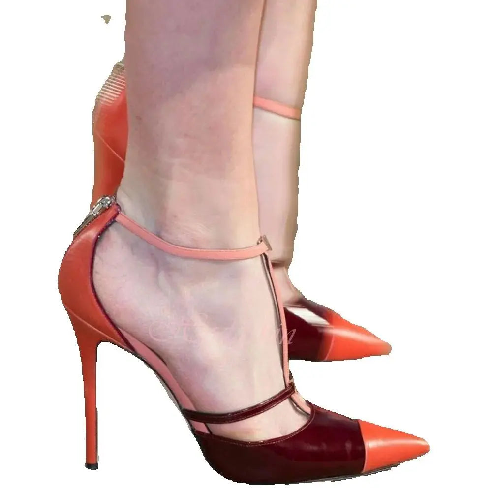 Pointed Toe Patchwork Leather Sandals With Buckle Straps for Women