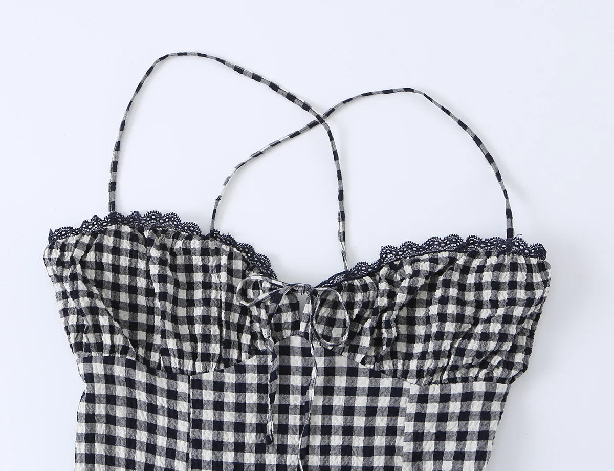 Gingham Lace Trim Spaghetti Strap Midi Dress for Women