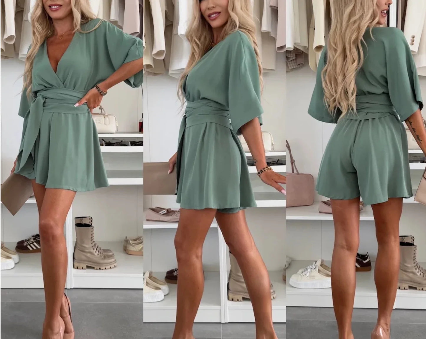 Loose Puff Sleeve Casual Romper With V Neck for Women